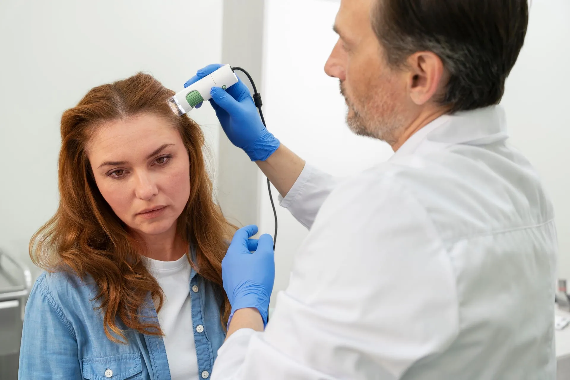 Arts onderzoekt het haar en de hoofdhuid van een vrouw met een dermatoscoop