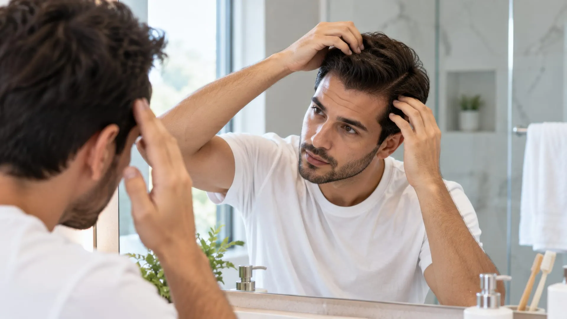 Man bekijkt zijn haar in de badkamerspiegel