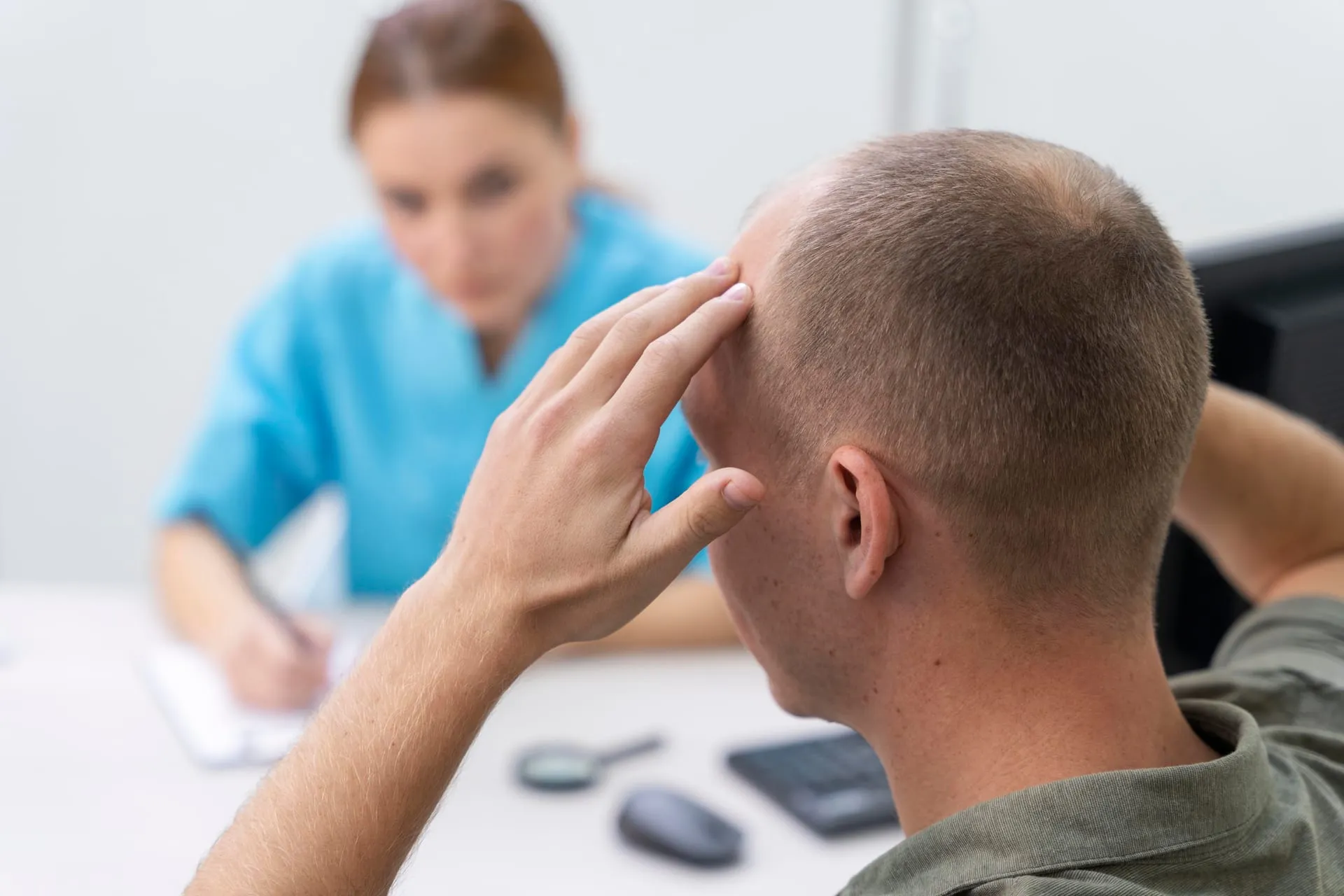 Man wijst naar zijn dunner wordende haarlijn, op de achtergrond maakt een specialist aantekeningen